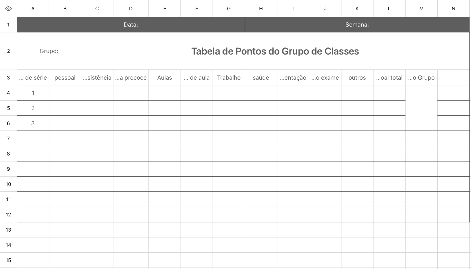 Tabela de Pontos do Grupo de Estudantes